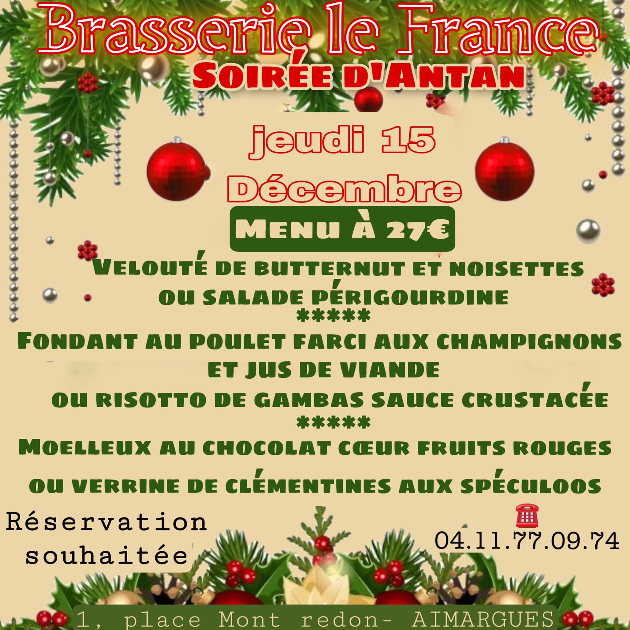 Menu spécial Noël d'Antan - Le France Aimargues - 15 décembre