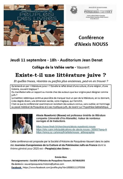 Conférence Alexis Nouss "Existe-t-il une littérature juive ?" - Jeudi 11 septembre à Vauvert