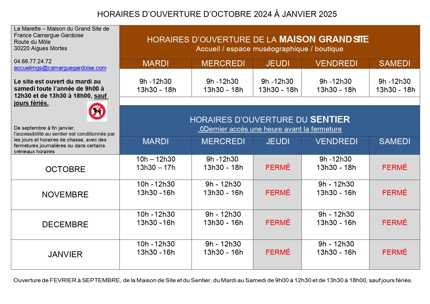 Horaires d'hiver la marette